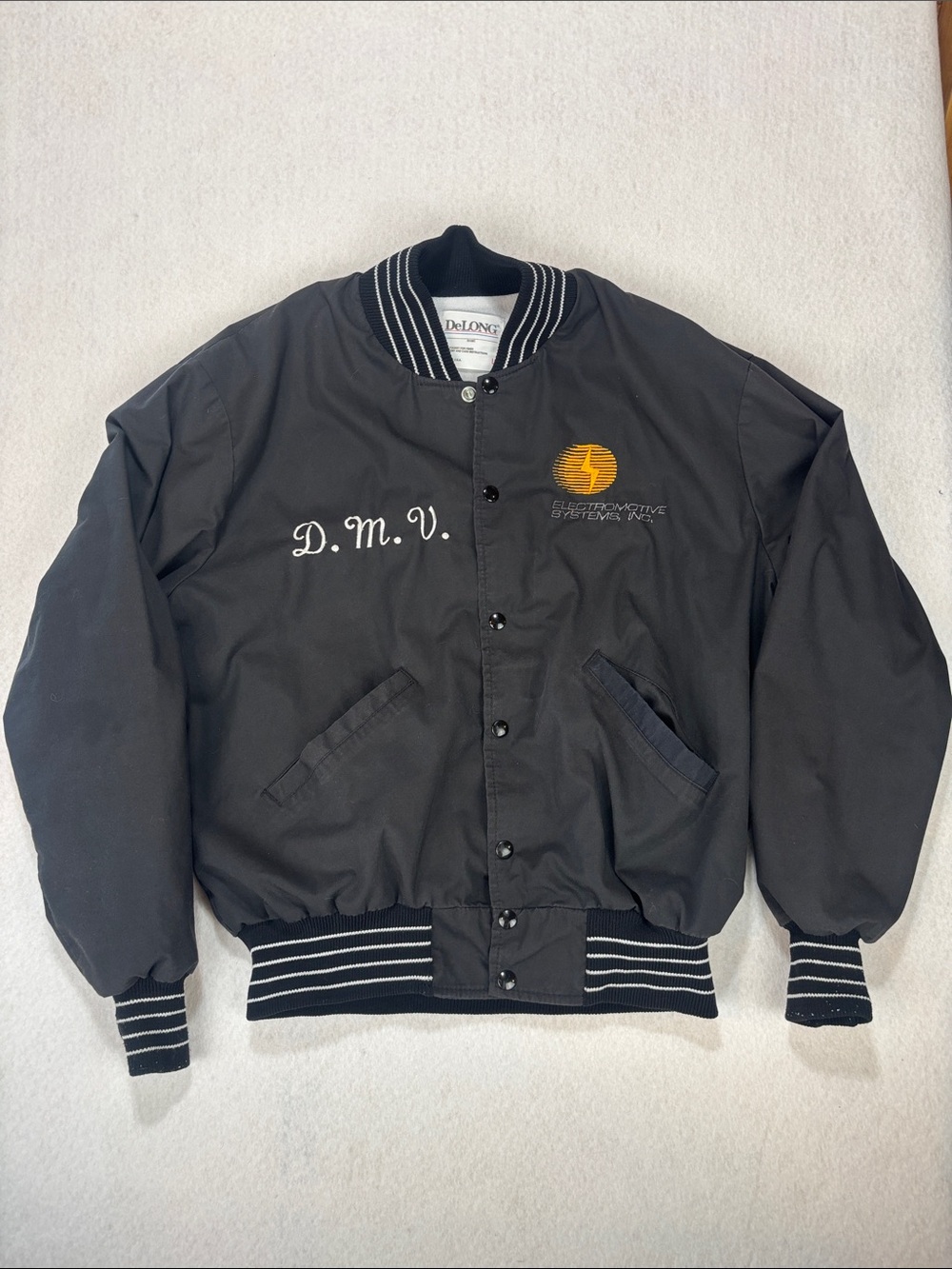 VINTAGE DeLong Black Bomber Jacket with Embroidered Logo and DMV Made in USA L